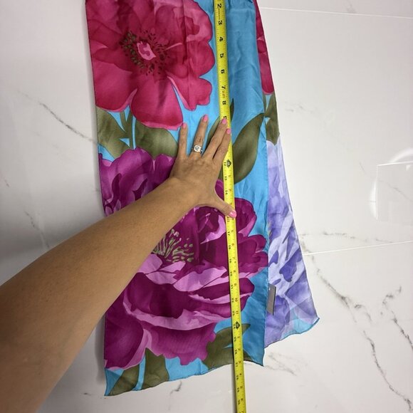 ADRIENNE VITTADINI Silk Scarf Floral Teal Rectangle 11”x54” Art To Wear Resort - Picture 8 of 9
